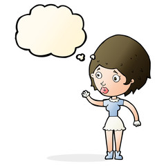 cartoon woman waving with thought bubble