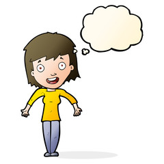 cartoon woman shrugging shoulders with thought bubble