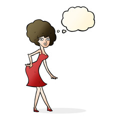 cartoon woman posing in dress with thought bubble