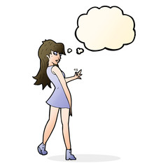 cartoon woman posing in dress with thought bubble