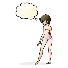 cartoon woman in bikini with thought bubble