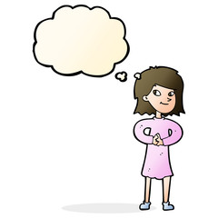 cartoon happy woman with thought bubble