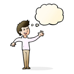 cartoon man waving with thought bubble