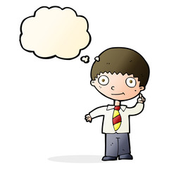cartoon school boy with idea with thought bubble