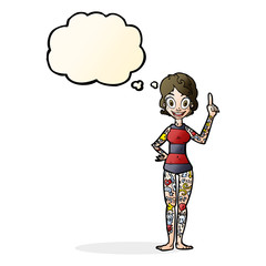 cartoon woman covered in tattoos with thought bubble