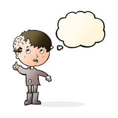cartoon boy with growth on head with thought bubble