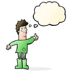 cartoon positive thinking man in rags with thought bubble