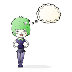 cartoon happy vampire girl with thought bubble