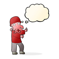 cartoon alien man with thought bubble
