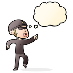 cartoon man in bike helmet pointing with thought bubble