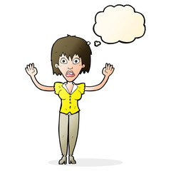 cartoon woman stressing out with thought bubble