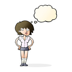 cartoon surprised woman with hands on hips with thought bubble