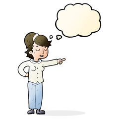 cartoon friendly woman pointing with thought bubble