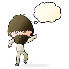 cartoon bearded man pointing and laughing with thought bubble