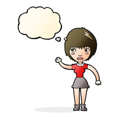 cartoon waving woman with thought bubble
