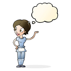 cartoon woman in maid costume with thought bubble