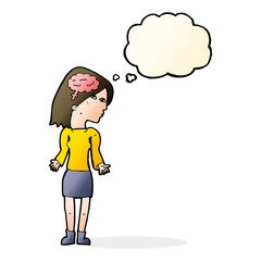 cartoon clever woman shrugging shoulders with thought bubble
