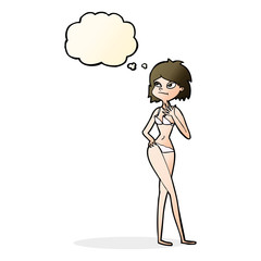 cartoon woman in bikini with thought bubble