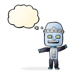 cartoon waving robot with thought bubble