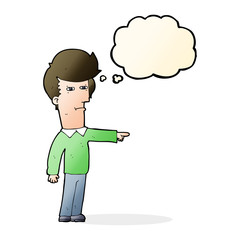 cartoon man blaming with thought bubble