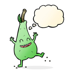 cartoon happy dancing pear with thought bubble