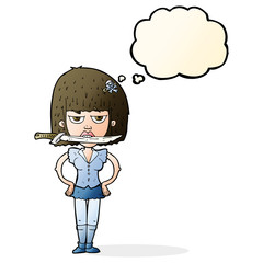 cartoon woman with knife between teeth with thought bubble