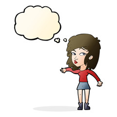 cartoon woman playing it cool with thought bubble
