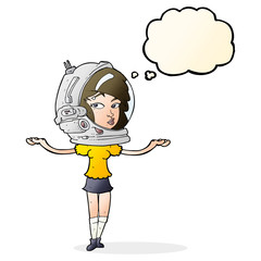 cartoon woman wearing space helmet with thought bubble