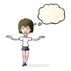 cartoon woman shrugging shoulders with thought bubble