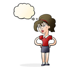 cartoon woman with hands on hips with thought bubble