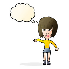 cartoon woman waving away with thought bubble