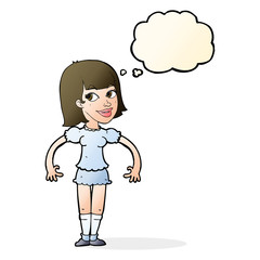 cartoon woman shrugging shoulders with thought bubble