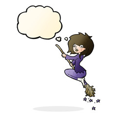 cartoon witch riding broomstick with thought bubble