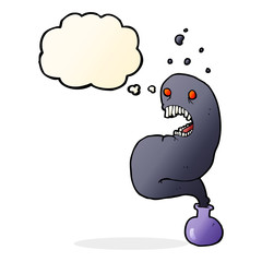 cartoon halloween ghost in bottle with thought bubble