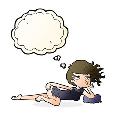 cartoon woman in sexy pose with thought bubble