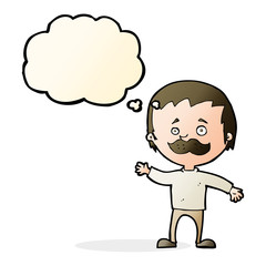 cartoon man with mustache waving with thought bubble