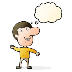 cartoon waving man with thought bubble