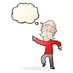 cartoon sad old man pointing with thought bubble