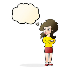 cartoon woman with folded arms with thought bubble