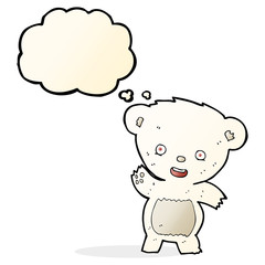 cartoon waving polar bear with thought bubble