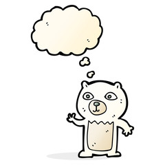 cartoon waving polar bear cub with thought bubble