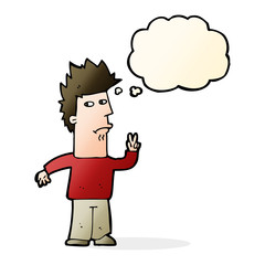 cartoon man giving peace sign with thought bubble