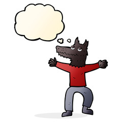 cartoon wolf man with thought bubble