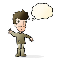cartoon worried man giving thumbs up symbol with thought bubble