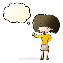cartoon woman gesturing with thought bubble
