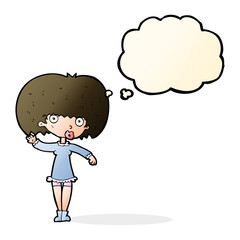 cartoon waving girl with thought bubble