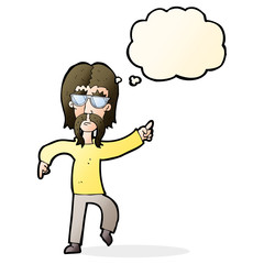 cartoon hippie man wearing glasses with thought bubble