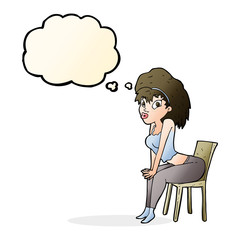 cartoon woman posing on chair with thought bubble