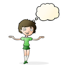 cartoon woman spreading arms with thought bubble