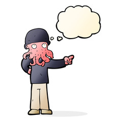 cartoon alien monster man with thought bubble